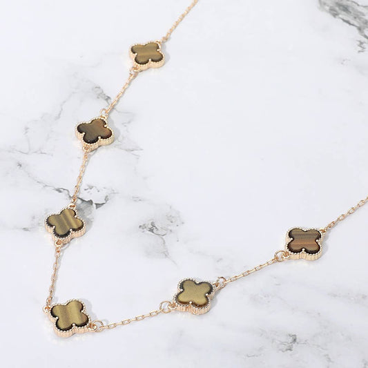 Quatrefoil Stone Station Necklace: Brown,Gold
