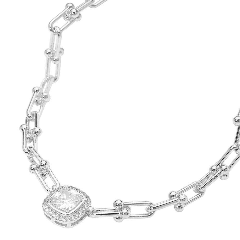 14K Gold Plated Square CZ Stone Accent Industrial Link Chain Necklace: Rhodium