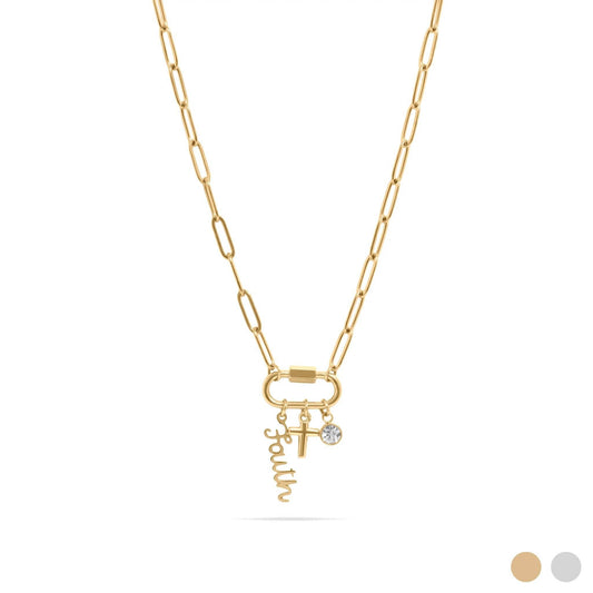 18K Gold PVD Stainless Steel Cross Carabiner Charm Necklace: Stainless