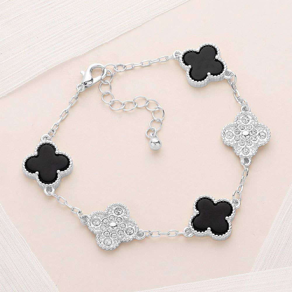 Stone Paved Natural Stone Quatrefoil Link Bracelet: Silver Black