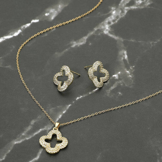 Stainless Steel Stone Pave Open Quatrefoil Pendant Necklace: Gold