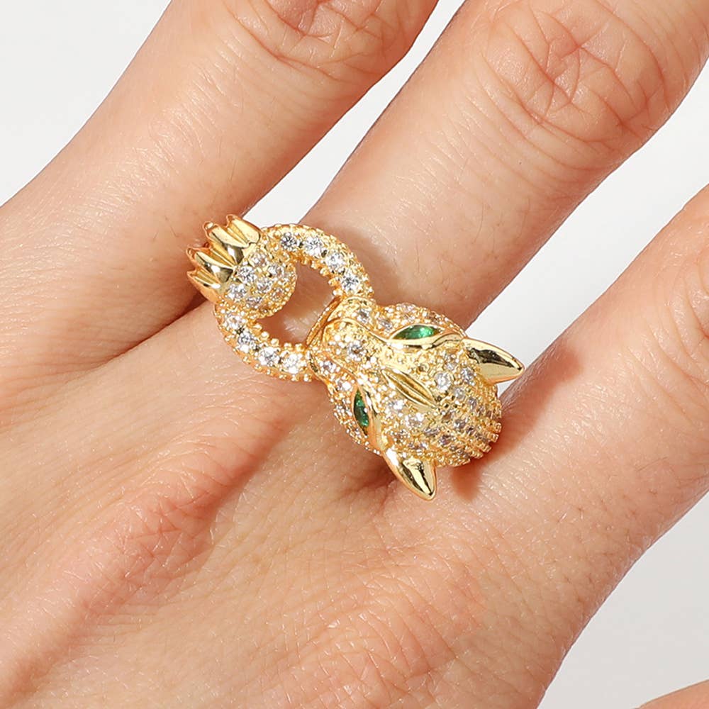 CZ Paved Leopard Adjustable Ring: Yellow Gold