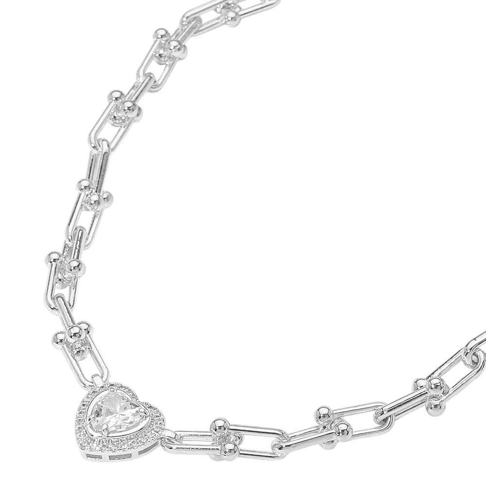 14K Gold Plated Heart CZ Stone Accent Industrial Link Chain Necklace: Rhodium