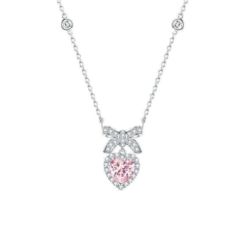 Bow Tie Bowknot Pink Heart Charm Necklace in Solid Copper: White