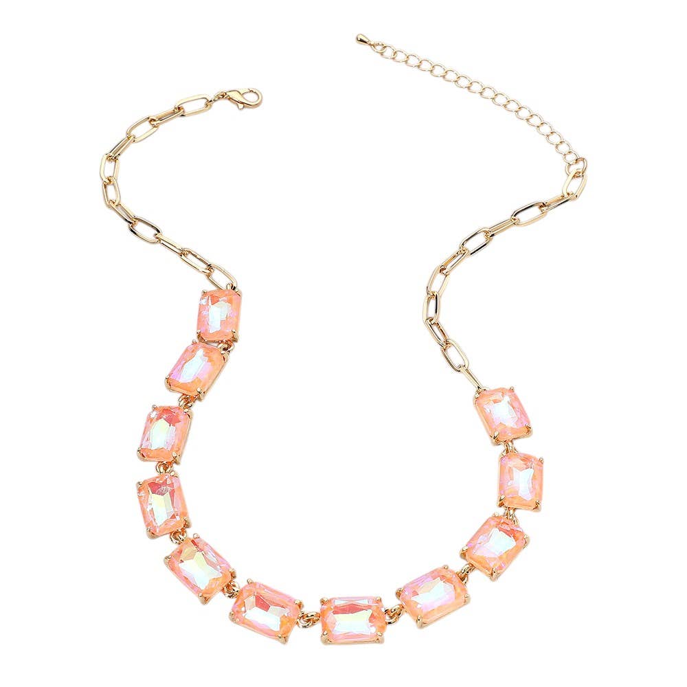 Cushion Rectangular Stone Cluster Link Evening Necklace: AB,Pink