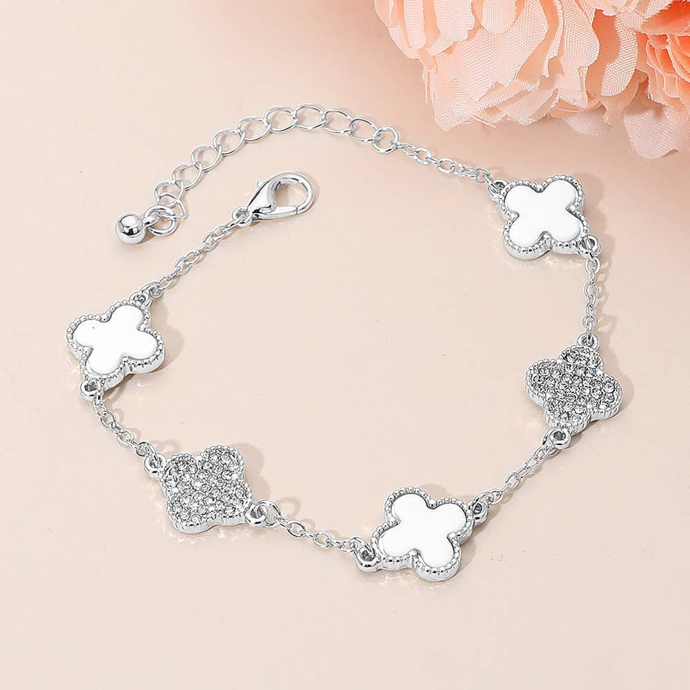 Gold Dipped Quatrefoil Charm Link Station Bracelet: Rhodium,White