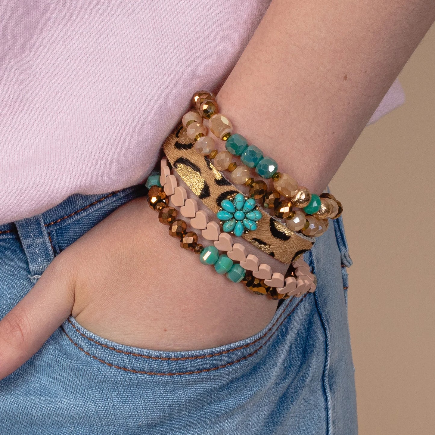Animal Print Stacked Bracelets - Turquoise