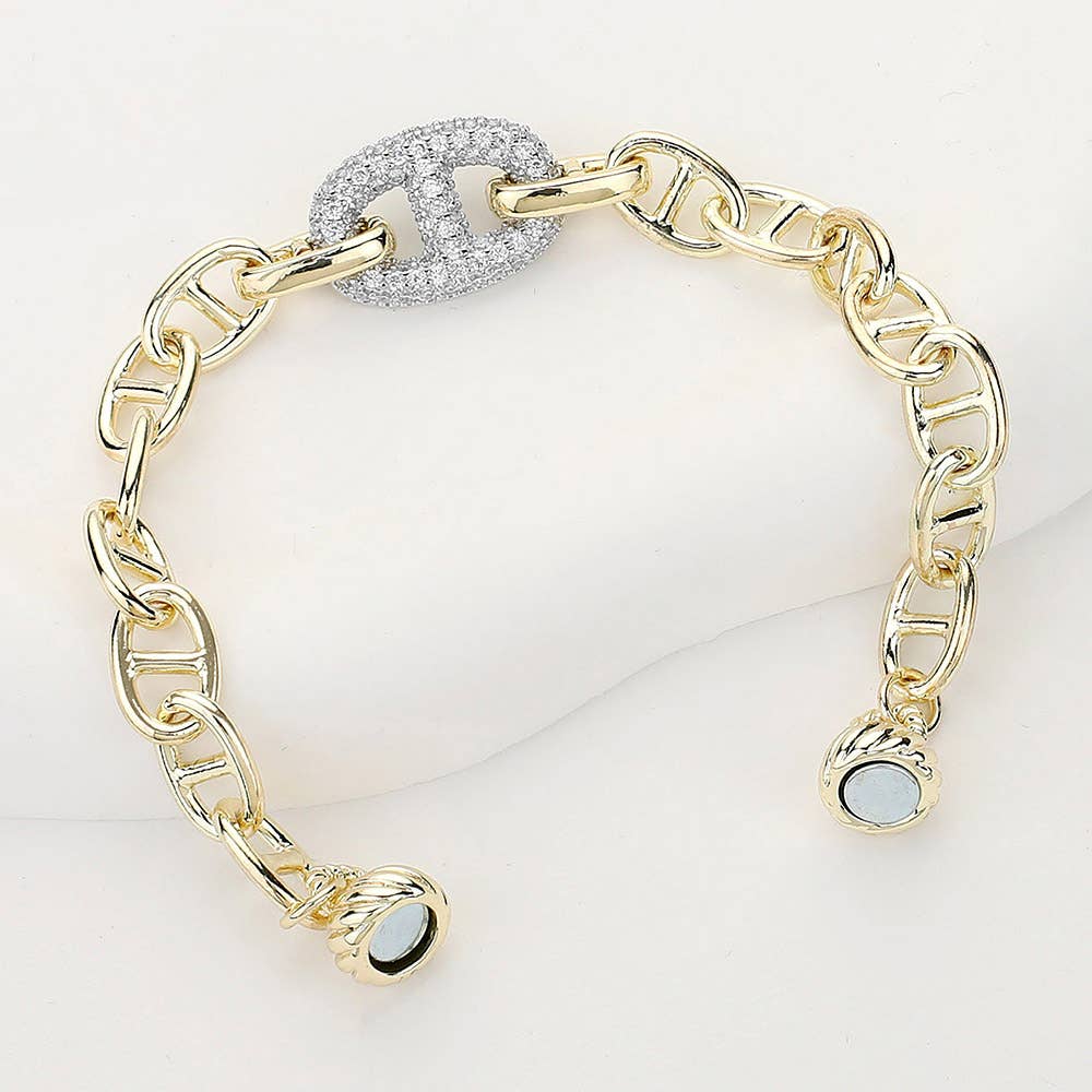 14K Gold Plated CZ Paved Mariner Link Magnetic Bracelet