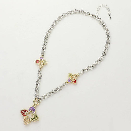 14K Gold Plated CZ Paved Clover Pendant Station Necklace: PAVE MULTI
