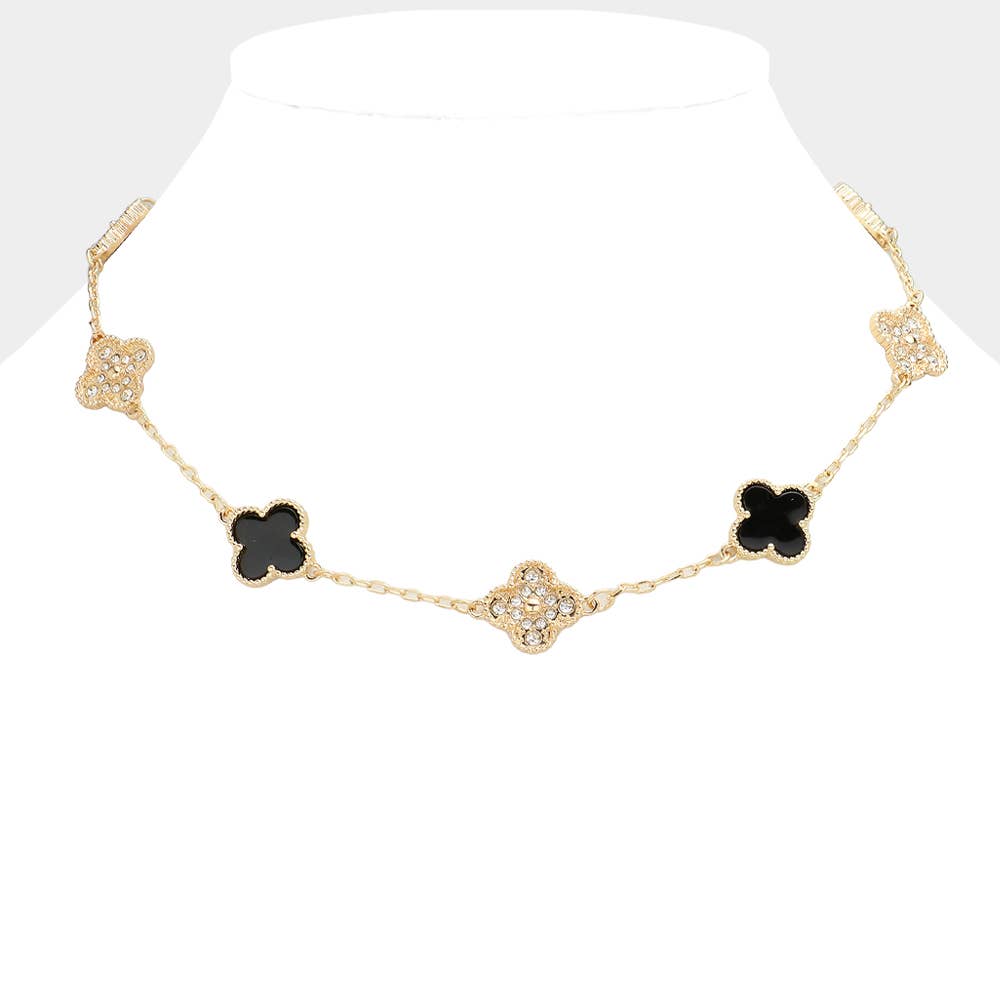 Stone Paved Natural Stone Quatrefoil Station Necklace: Black