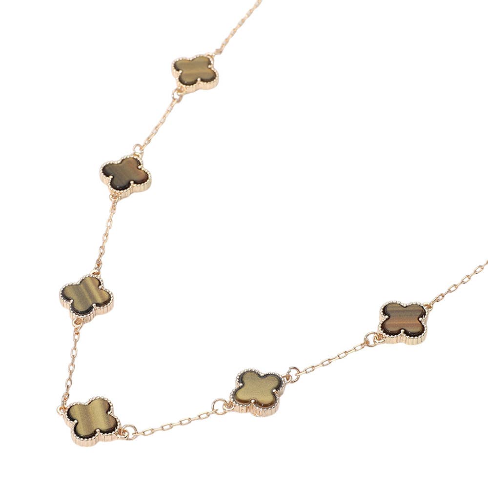 Quatrefoil Stone Station Necklace: Brown,Gold