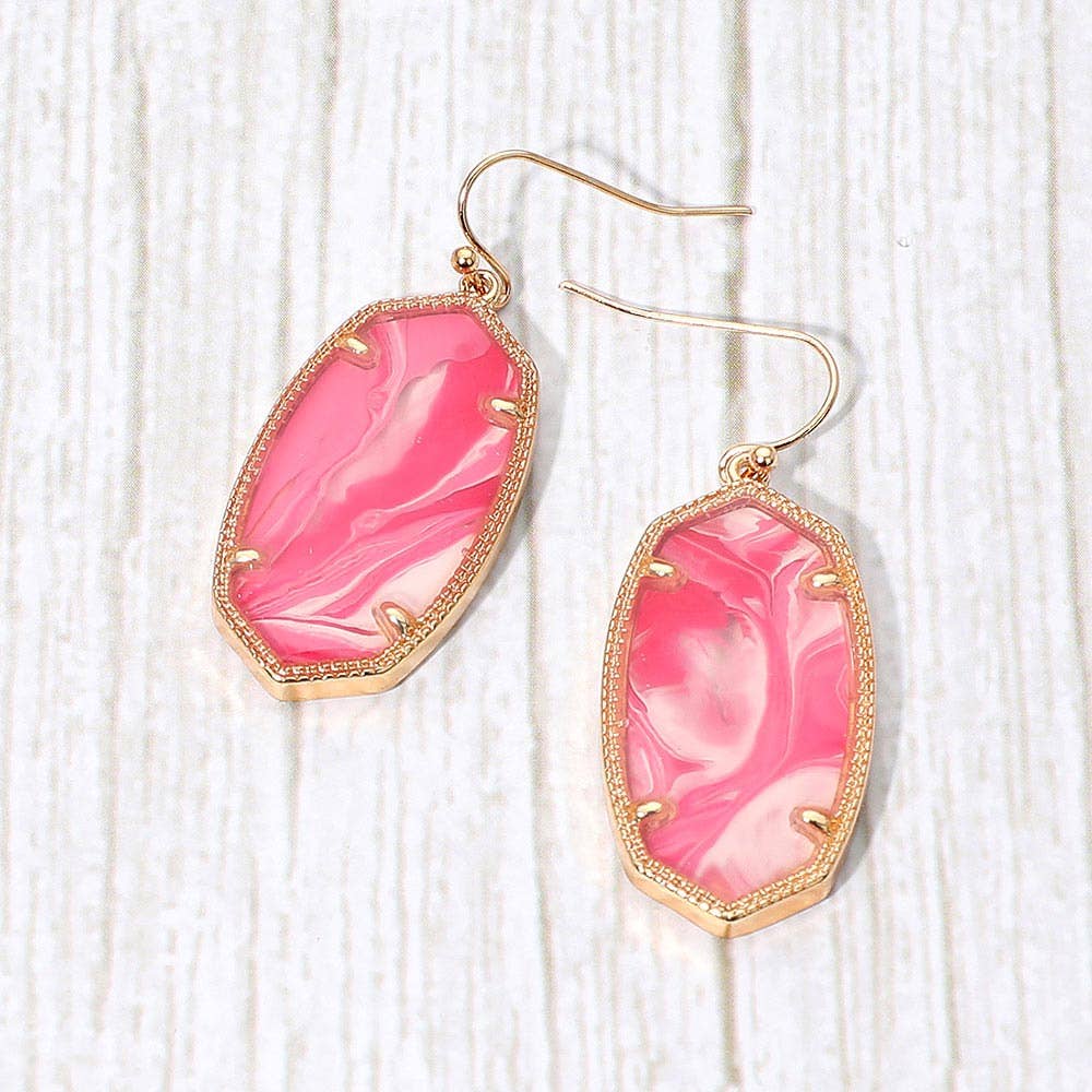 Hexagon Resin Frame Dangle Earrings: Gold Pink
