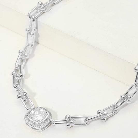 14K Gold Plated Square CZ Stone Accent Industrial Link Chain Necklace: Rhodium