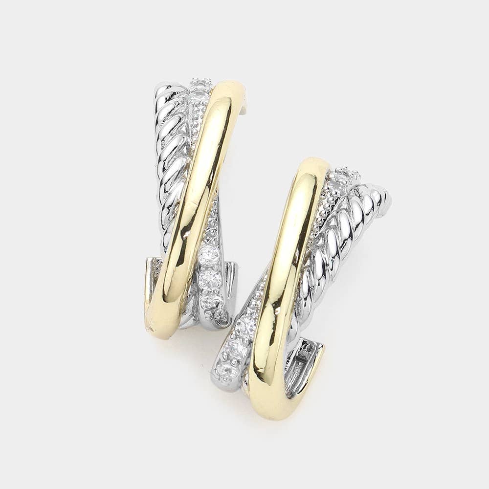 14K Gold Plated Two Tone CZ Stone Paved Crisscross Rope Metal Half Hoop Earrings
