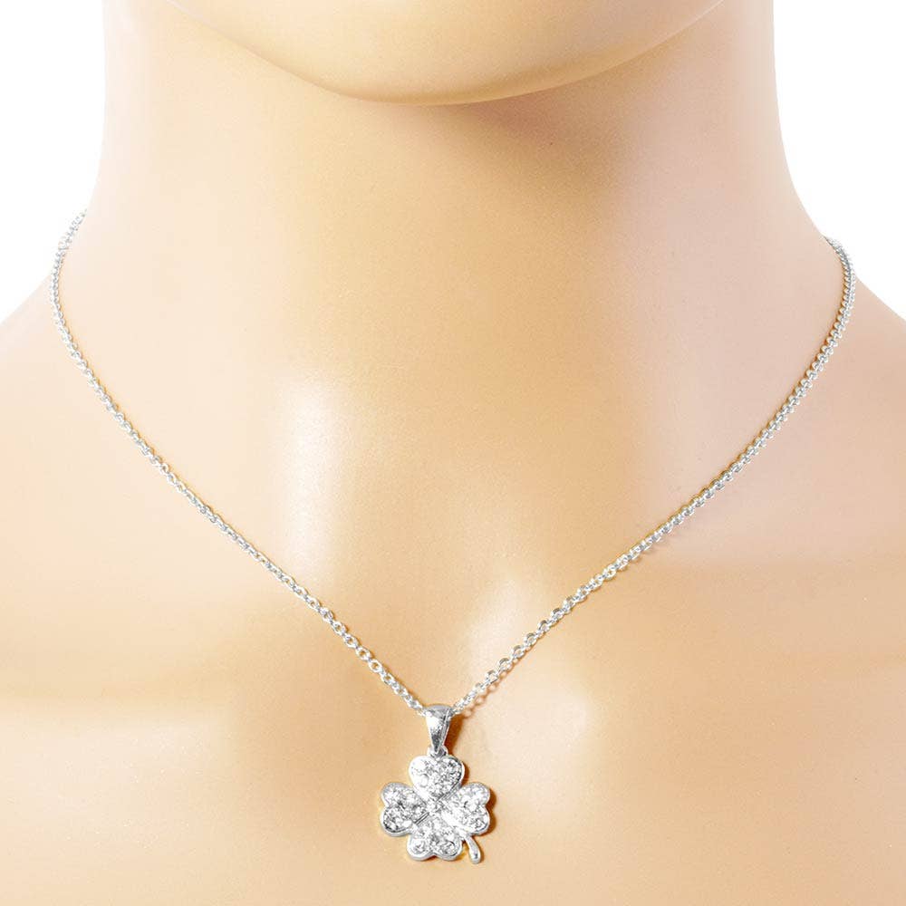 Stone Paved Mini Clover Pendant Necklace: Clear,Rhodium