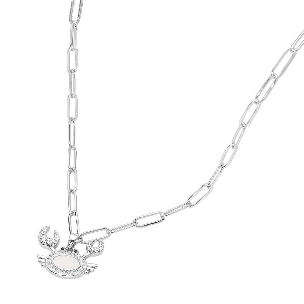 Stainless Steel Mother of Pearl CZ Stone Paved Crab Charm Pendant Paperclip Chain Necklace: Mother of Pearl,Silver