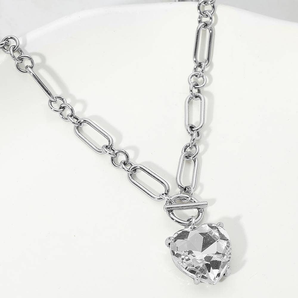 Chunky Heart Stone Cluster Toggle Pendant Necklace: Antique Silver,Clear
