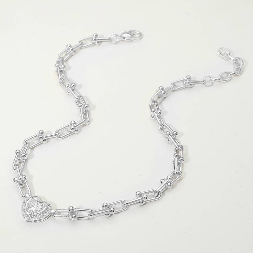 14K Gold Plated Heart CZ Stone Accent Industrial Link Chain Necklace: Rhodium