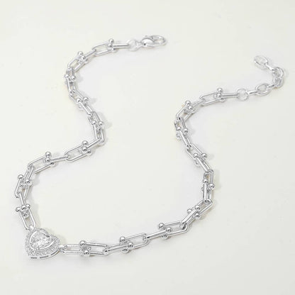 14K Gold Plated Heart CZ Stone Accent Industrial Link Chain Necklace: Rhodium