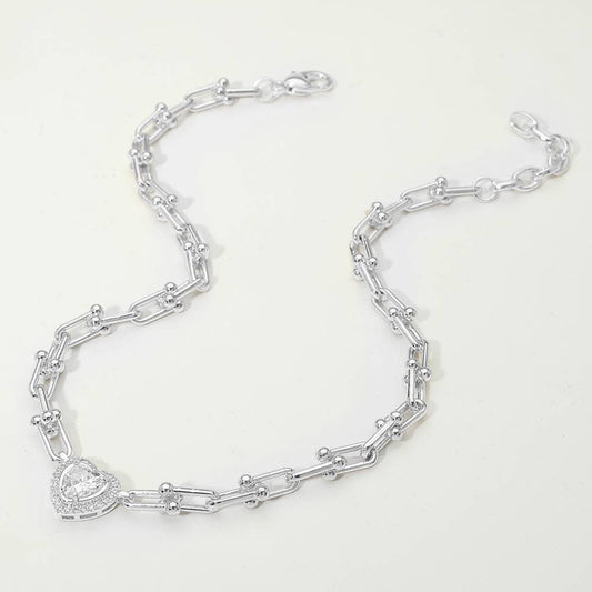 14K Gold Plated Heart CZ Stone Accent Industrial Link Chain Necklace: Rhodium