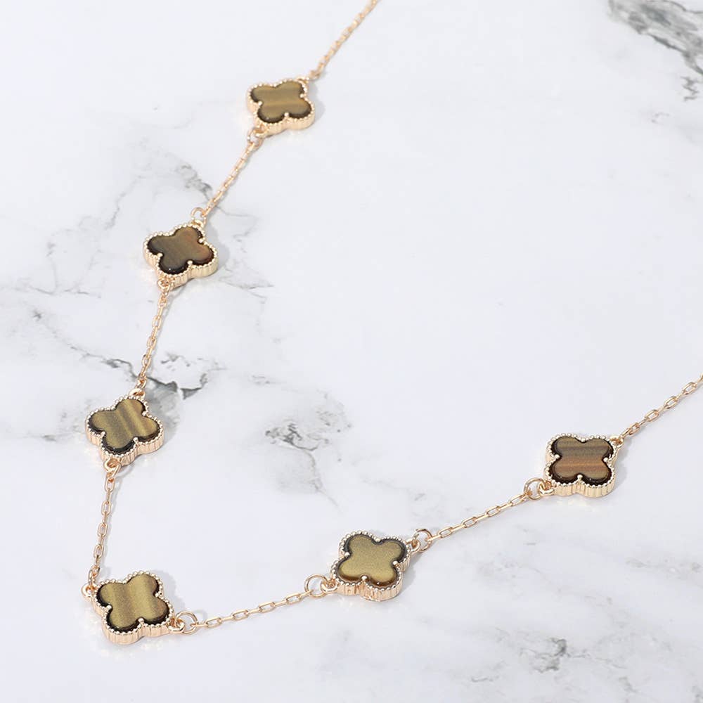 Quatrefoil Stone Station Necklace: Brown,Gold