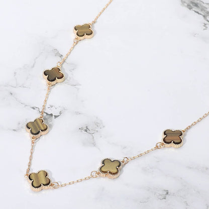 Quatrefoil Stone Station Necklace: Brown,Gold
