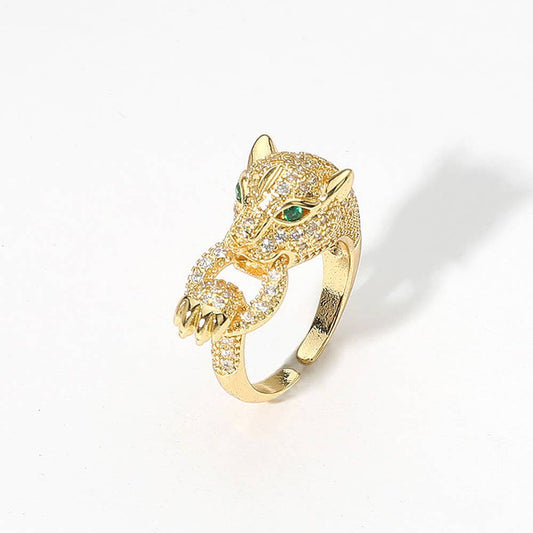 CZ Paved Leopard Adjustable Ring: Yellow Gold