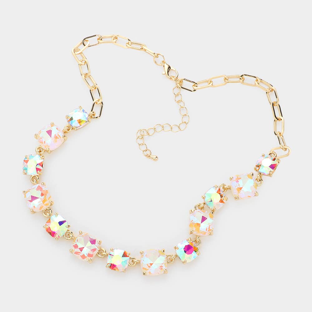 Cushion Square Stone Link Evening Necklace: AB,Gold,White