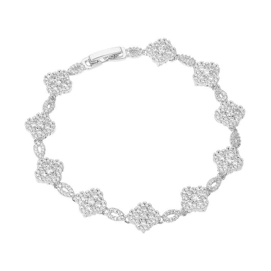 14K Gold Plated CZ Pave Quatrefoil Link Bracelet: Silver