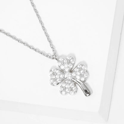 Gold Dipped Rhinestone Embellished Clover Pendant Necklace: Rhodium