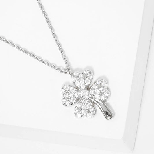 Gold Dipped Rhinestone Embellished Clover Pendant Necklace: Rhodium