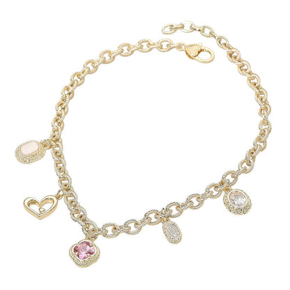 14K Gold Plated CZ Mixed Charm Station Necklace