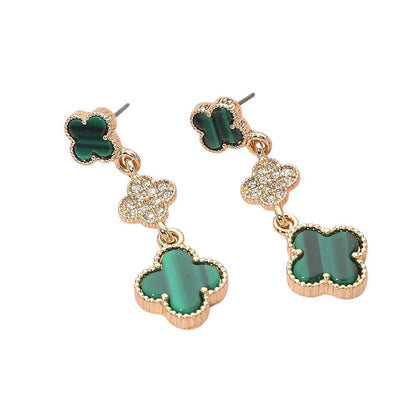 Triple Quatrefoil Drop Earrings: Emerald,Gold