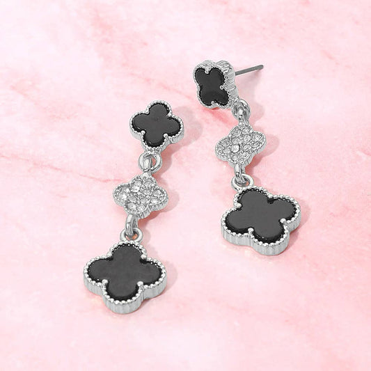 Triple Quatrefoil Drop Earrings: Black,Rhodium