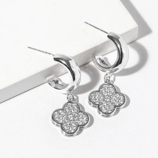 Gold Dipped CZ Stone Paved Quatrefoil Drop Dangle Mini Hoop Earrings: Clear,Rhodium