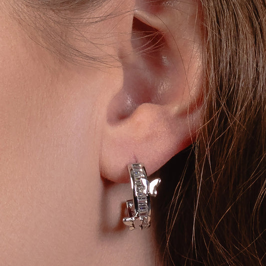 Crystal Butterfly Hoop Earrings - Silver