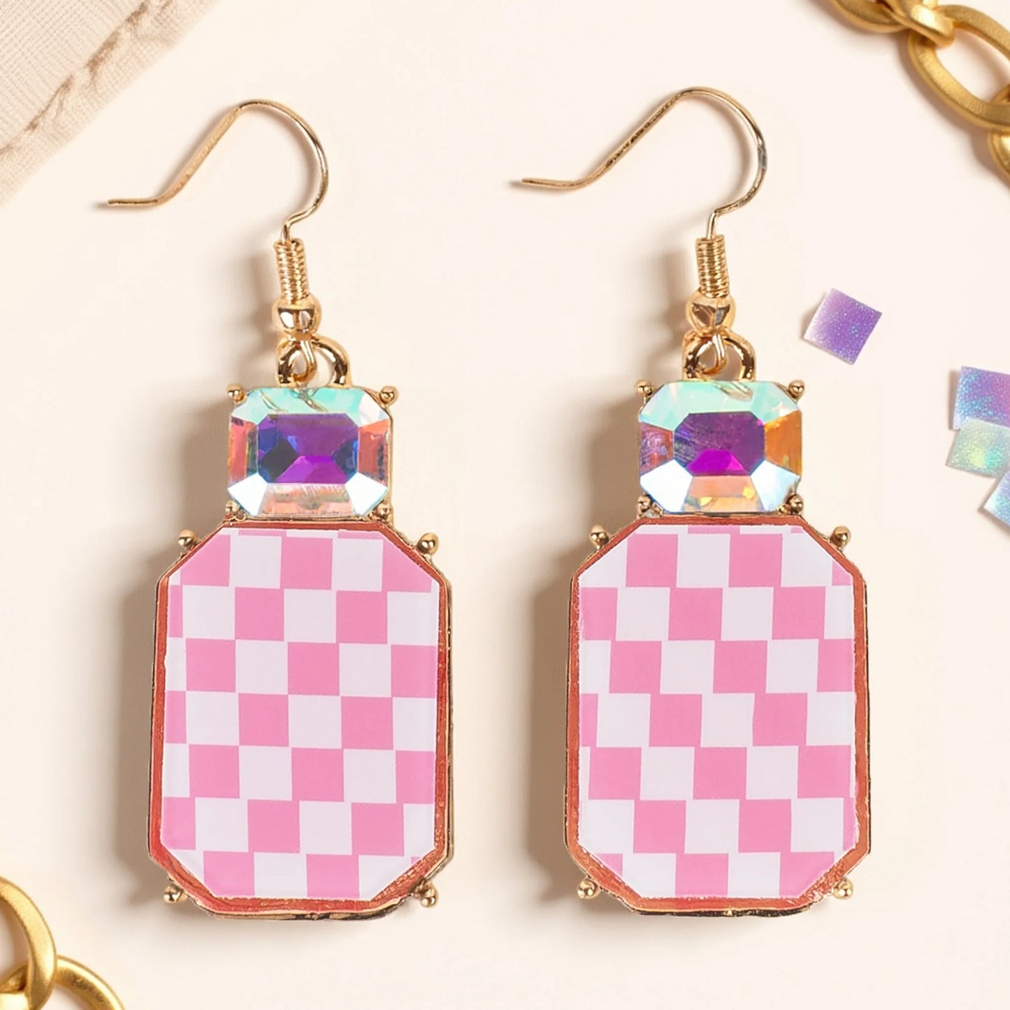 Checkered Earrings - Pink & White