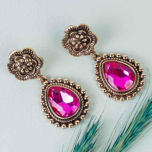 Crystal Squash Blossom Earrings - Fuchsia