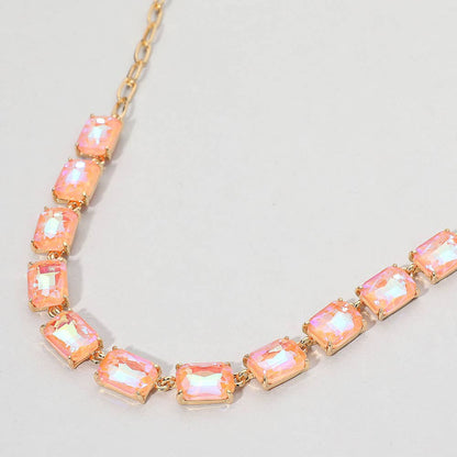 Cushion Rectangular Stone Cluster Link Evening Necklace: AB,Pink