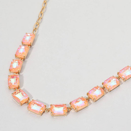 Cushion Rectangular Stone Cluster Link Evening Necklace: AB,Pink