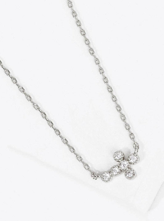 18K Gold Dipped Cz Sideways Dainty Cross Pendant Necklace: Rhodium-Crystal