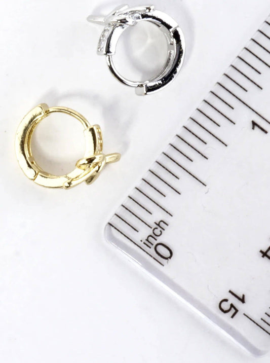 CZ Pave Polished Ribbon Bow Huggie Hoop Earrings: Gold Clear