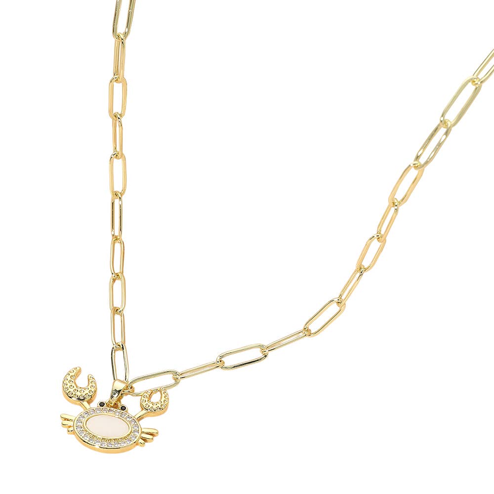Stainless Steel Mother of Pearl CZ Stone Paved Crab Charm Pendant Paperclip Chain Necklace: Gold,Mother of Pearl