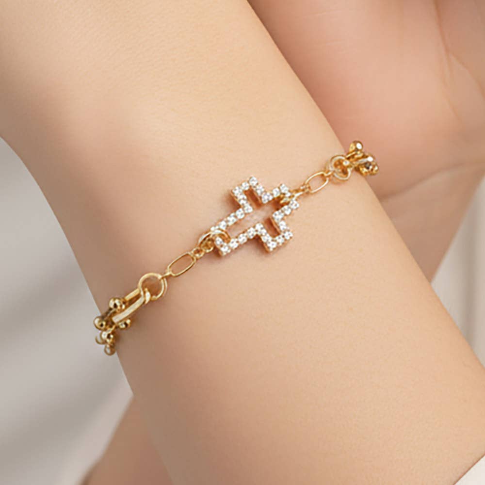 Gold Dipped CZ Pave Open Cross Charm Accent Link Bracelet: Clear,Gold