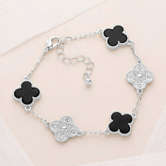 Stone Paved Natural Stone Quatrefoil Link Bracelet: Silver Black