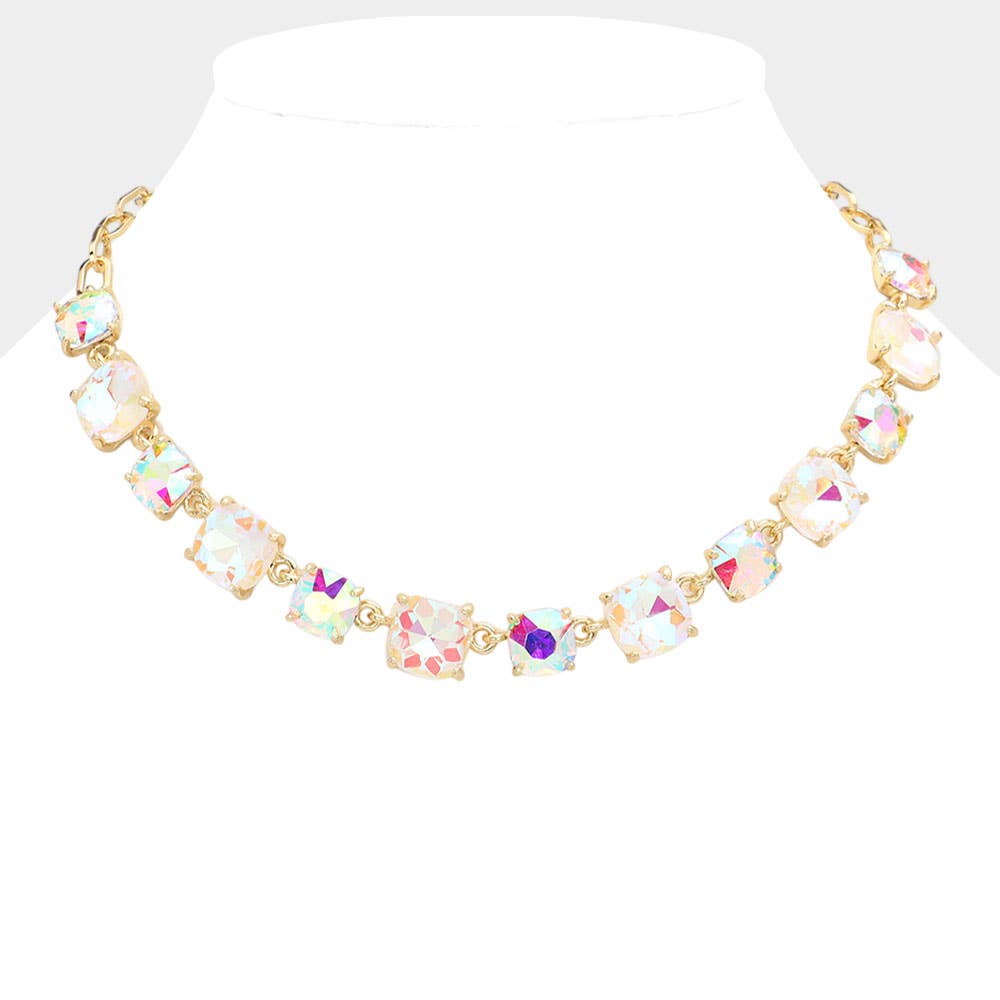 Cushion Square Stone Link Evening Necklace: AB,Gold,White