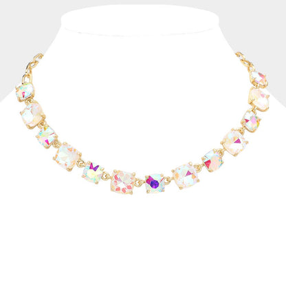 Cushion Square Stone Link Evening Necklace: AB,Gold,White