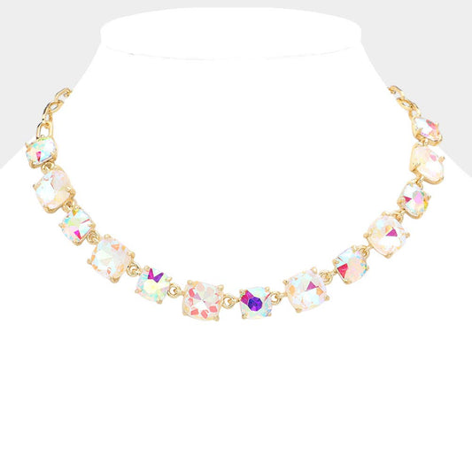 Cushion Square Stone Link Evening Necklace: AB,Gold,White