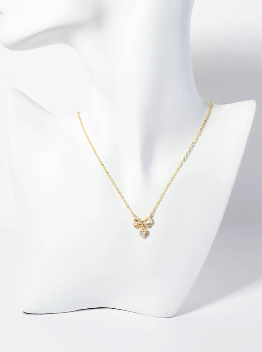 Heart CZ Drop Pave-Set CZ Brow Pendant 18K-Gold-Dipped Brass Necklace: Gold
