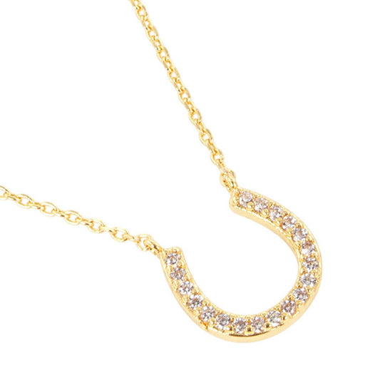 Gold Dipped CZ Stone Paved Horseshoe Pendant Necklace: Clear,Gold